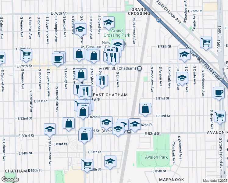 map of restaurants, bars, coffee shops, grocery stores, and more near 922 East 81st Street in Chicago