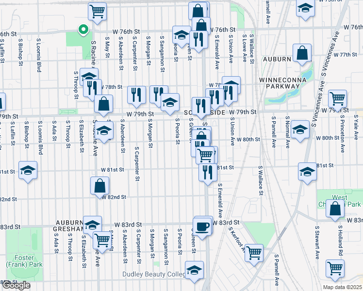 map of restaurants, bars, coffee shops, grocery stores, and more near 8026 South Peoria Street in Chicago