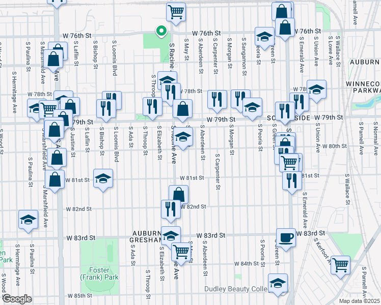 map of restaurants, bars, coffee shops, grocery stores, and more near 8020 South May Street in Chicago