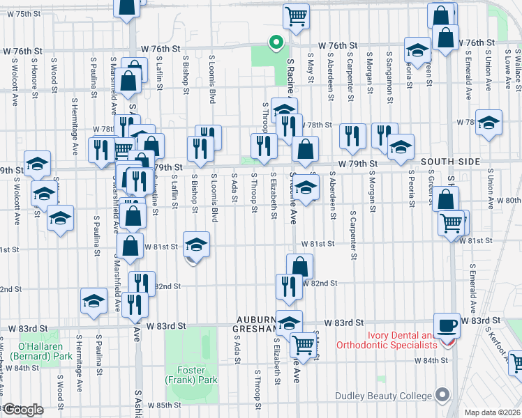 map of restaurants, bars, coffee shops, grocery stores, and more near 8020 South Elizabeth Street in Chicago