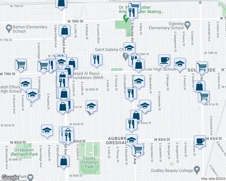 map of restaurants, bars, coffee shops, grocery stores, and more near 8019 South Ada Street in Chicago