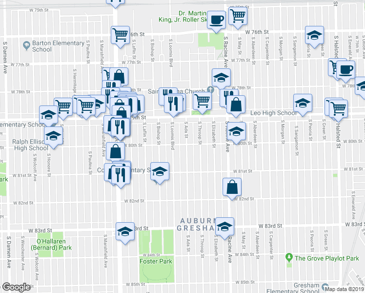 map of restaurants, bars, coffee shops, grocery stores, and more near 8019 South Ada Street in Chicago