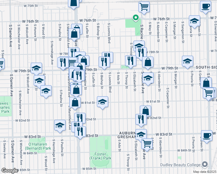 map of restaurants, bars, coffee shops, grocery stores, and more near 8018 South Loomis Boulevard in Chicago