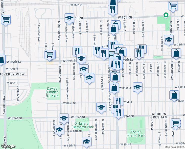 map of restaurants, bars, coffee shops, grocery stores, and more near 8016 South Hermitage Avenue in Chicago