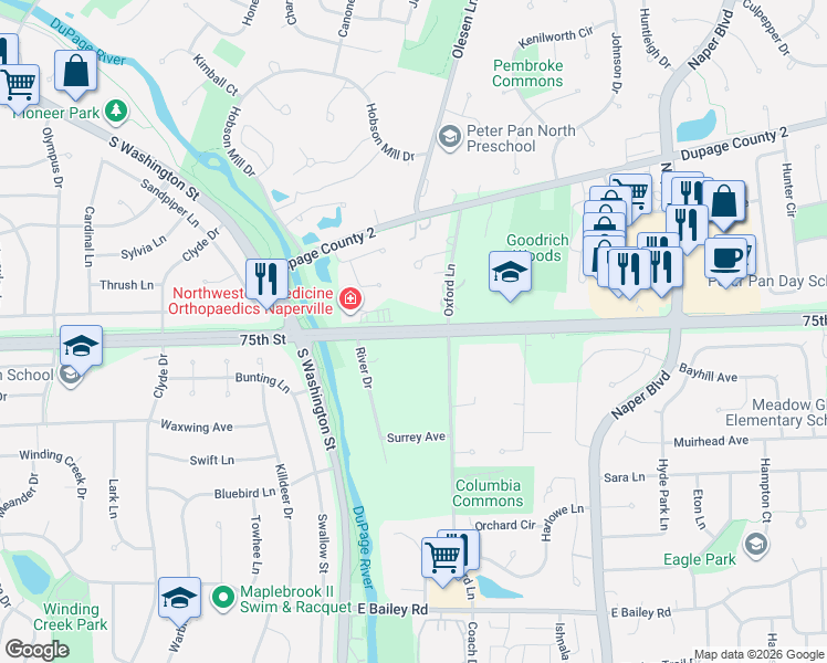 map of restaurants, bars, coffee shops, grocery stores, and more near 25W681 75th Street in Naperville