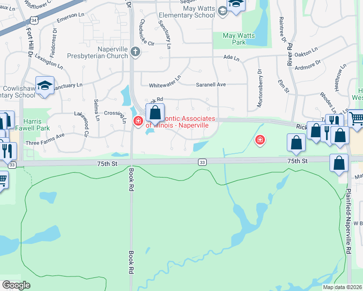 map of restaurants, bars, coffee shops, grocery stores, and more near 1243 Denver Court in Naperville