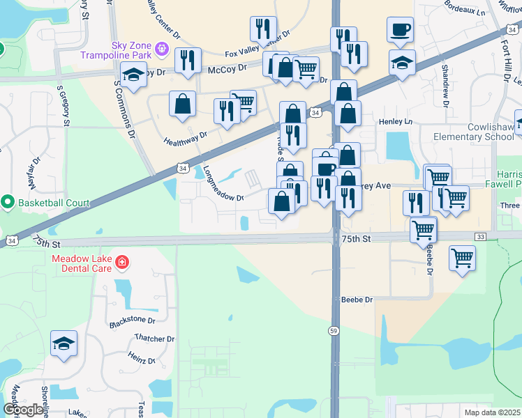 map of restaurants, bars, coffee shops, grocery stores, and more near 4313 Bayhead Court in Aurora