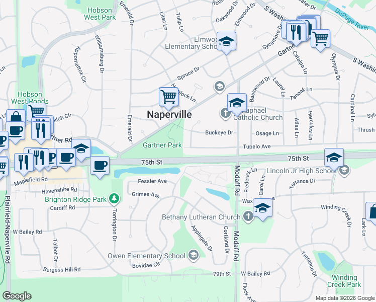 map of restaurants, bars, coffee shops, grocery stores, and more near 504 Tupelo Avenue in Naperville