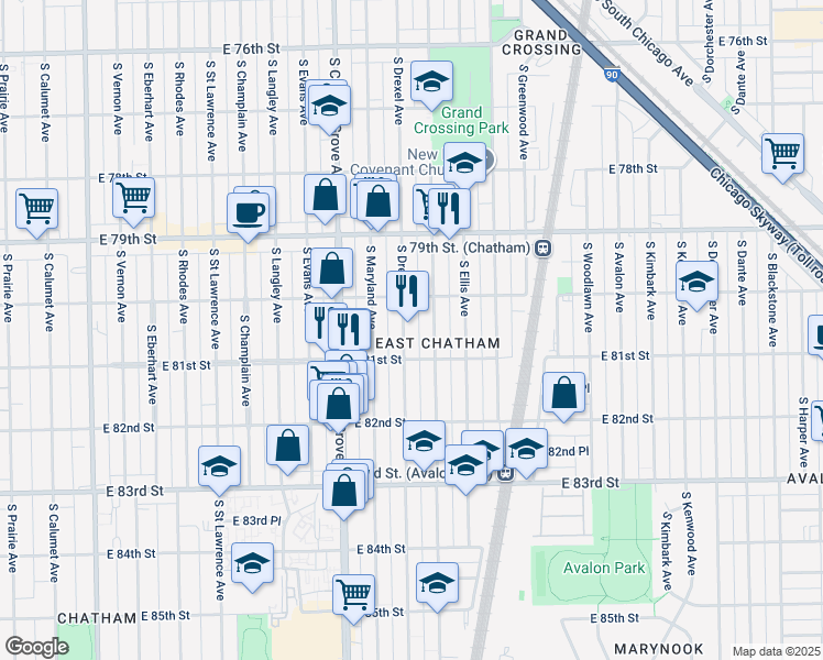 map of restaurants, bars, coffee shops, grocery stores, and more near 8054 South Drexel Avenue in Chicago