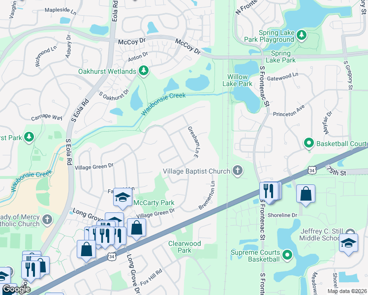 map of restaurants, bars, coffee shops, grocery stores, and more near 3139 Village Green Drive in Aurora