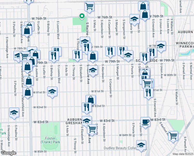 map of restaurants, bars, coffee shops, grocery stores, and more near 8020 South May Street in Chicago