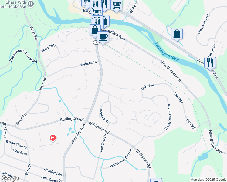 map of restaurants, bars, coffee shops, grocery stores, and more near 42 Keene Place in Farmington