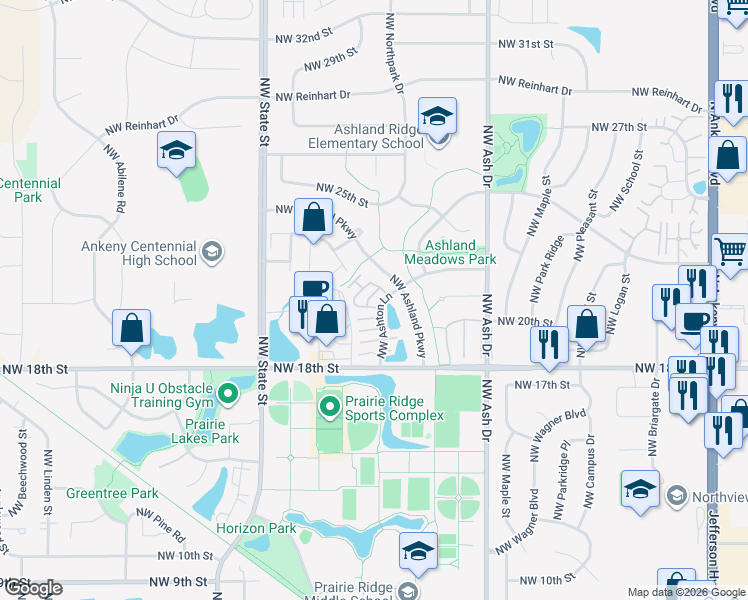 map of restaurants, bars, coffee shops, grocery stores, and more near 2104 Northwest Ashton Lane in Ankeny
