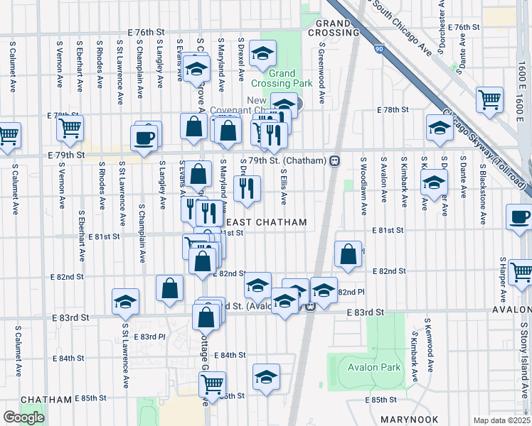 map of restaurants, bars, coffee shops, grocery stores, and more near 922 East 81st Street in Chicago