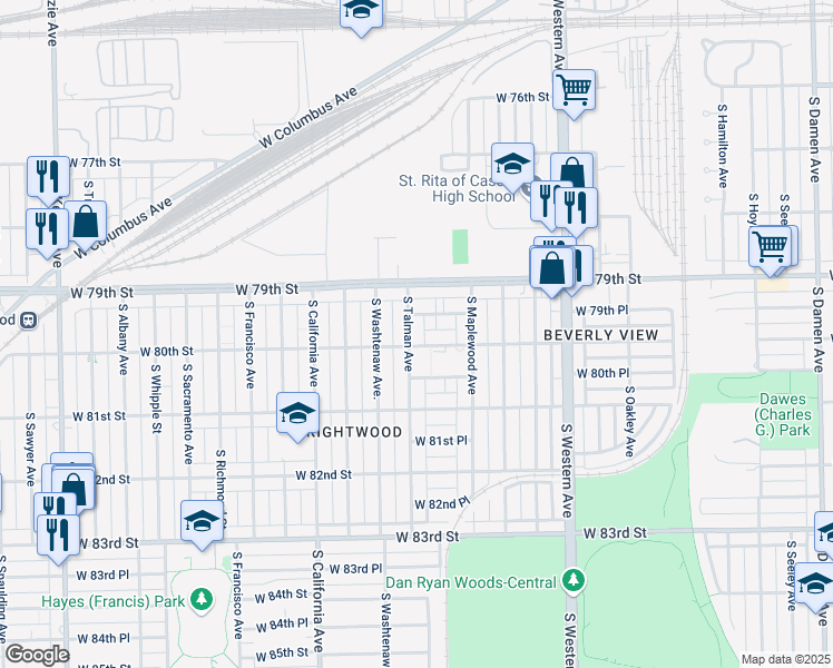 map of restaurants, bars, coffee shops, grocery stores, and more near 7949 South Talman Avenue in Chicago