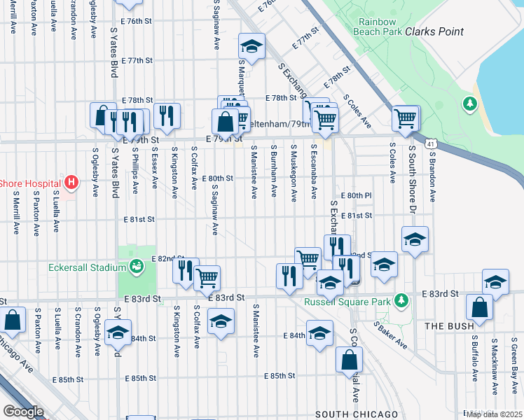 map of restaurants, bars, coffee shops, grocery stores, and more near 8045 South Manistee Avenue in Chicago