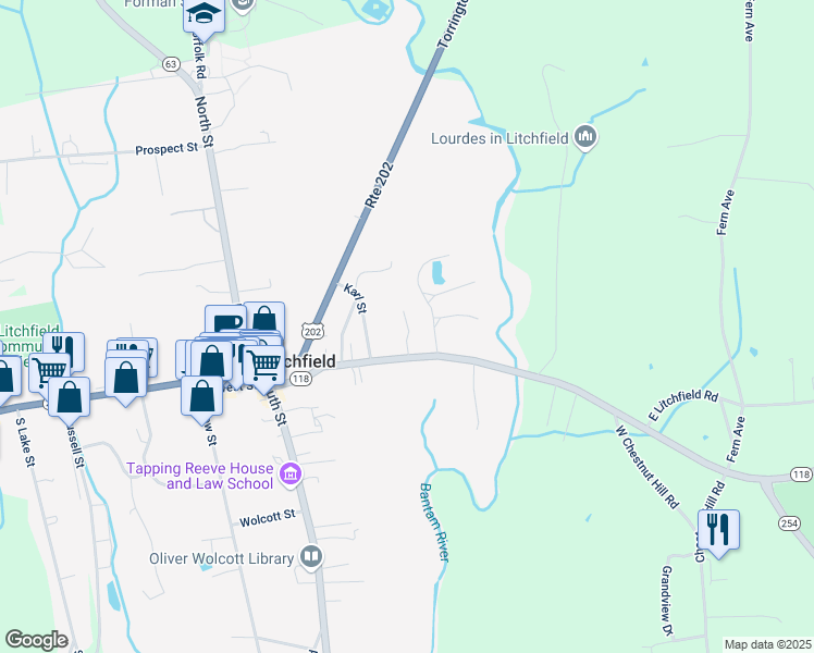 map of restaurants, bars, coffee shops, grocery stores, and more near 133 East Street in Litchfield