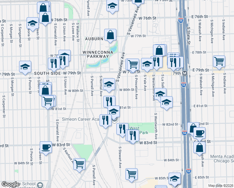 map of restaurants, bars, coffee shops, grocery stores, and more near 8011 South Vincennes Avenue in Chicago