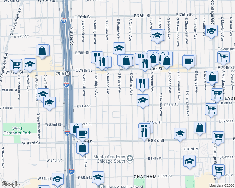 map of restaurants, bars, coffee shops, grocery stores, and more near 8020 South Prairie Avenue in Chicago