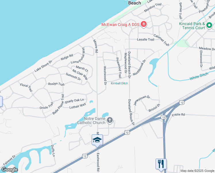 map of restaurants, bars, coffee shops, grocery stores, and more near 101-299 Westwood Drive in Michigan City