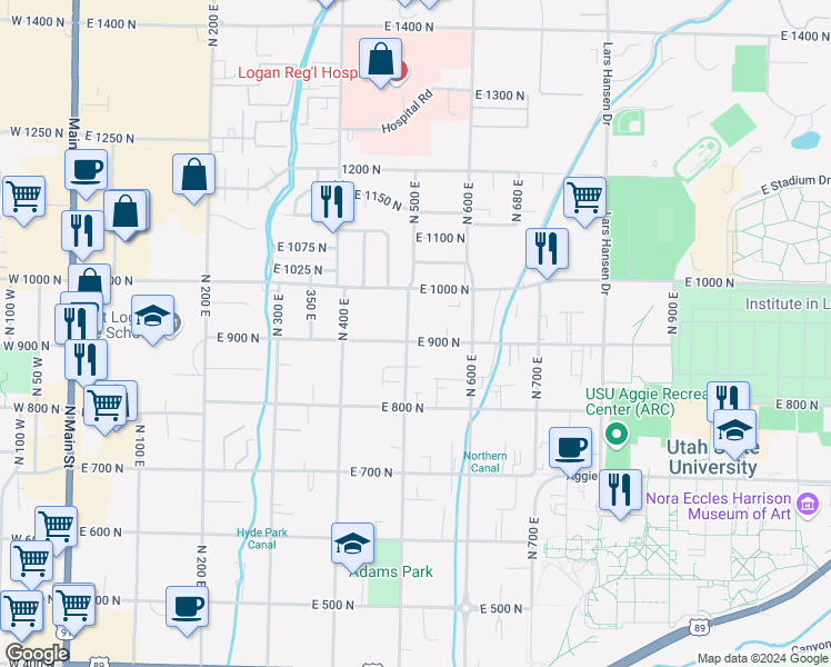 map of restaurants, bars, coffee shops, grocery stores, and more near 511 East 900 North in Logan