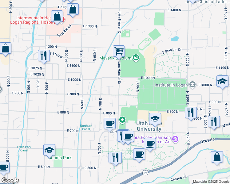 map of restaurants, bars, coffee shops, grocery stores, and more near 899 North 800 East in Logan