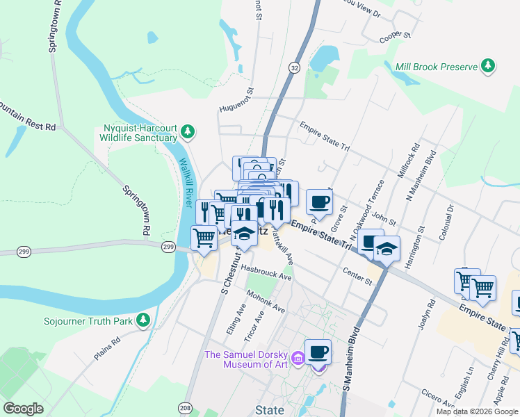 map of restaurants, bars, coffee shops, grocery stores, and more near in New Paltz