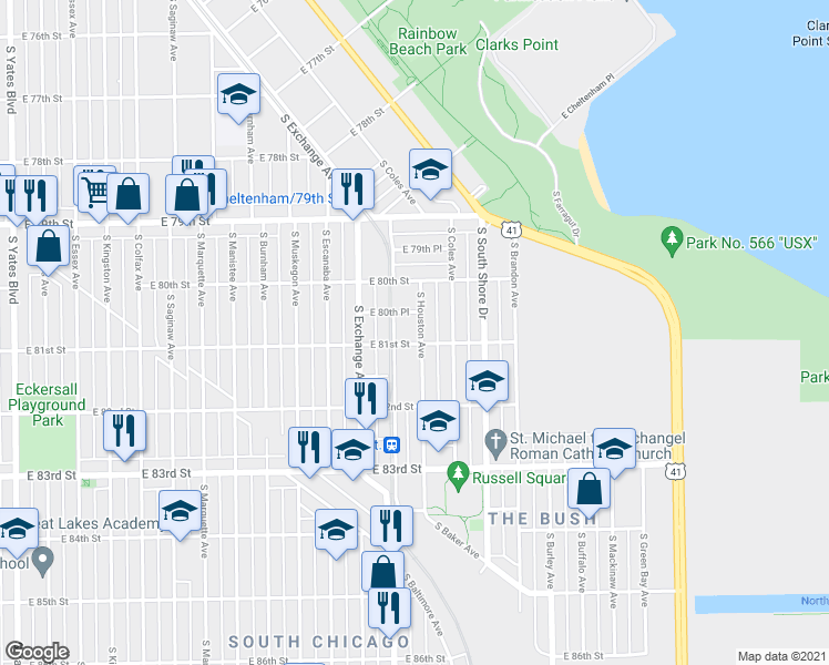 map of restaurants, bars, coffee shops, grocery stores, and more near 8104 South Houston Avenue in Chicago