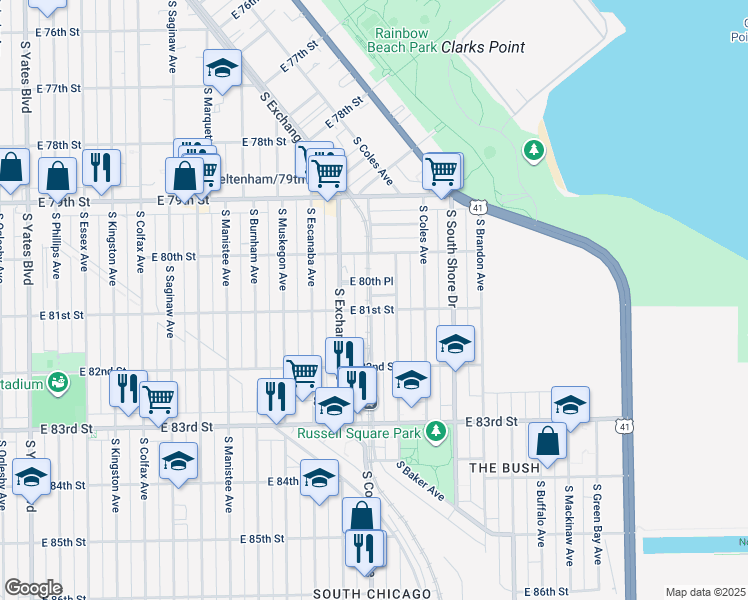 map of restaurants, bars, coffee shops, grocery stores, and more near 2955 East 81st Street in Chicago
