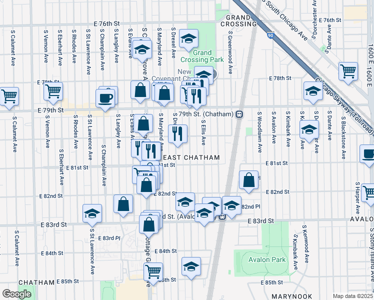 map of restaurants, bars, coffee shops, grocery stores, and more near 922 East 81st Street in Chicago