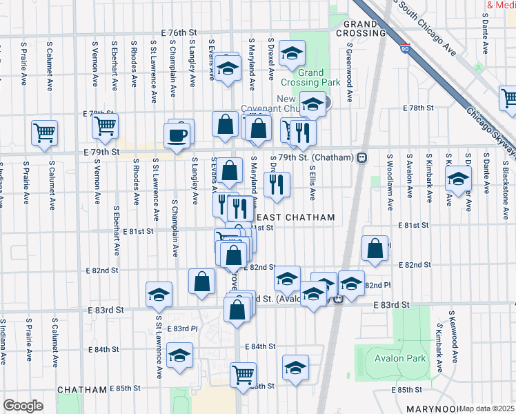 map of restaurants, bars, coffee shops, grocery stores, and more near 8054 South Drexel Avenue in Chicago