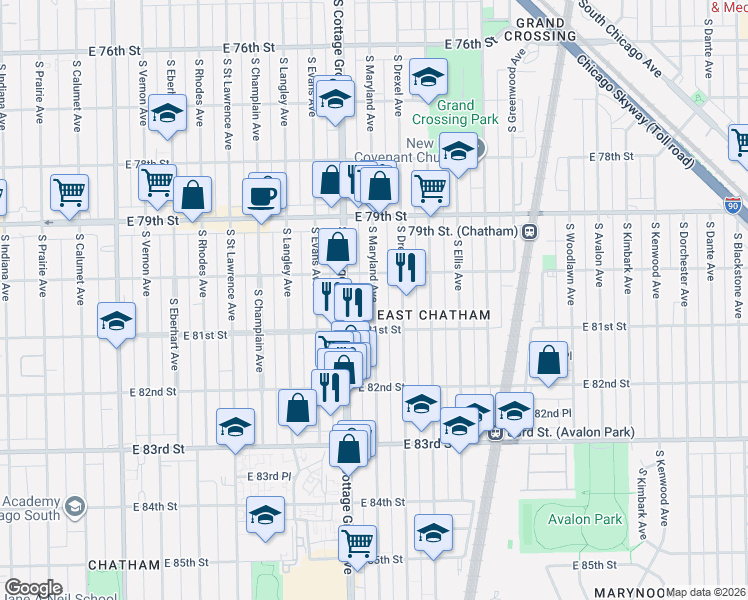 map of restaurants, bars, coffee shops, grocery stores, and more near 8047 South Cottage Grove Avenue in Chicago