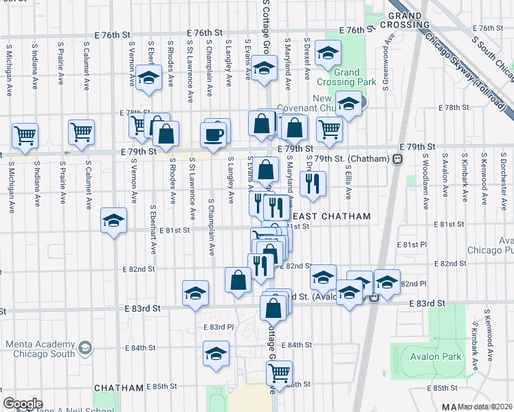 map of restaurants, bars, coffee shops, grocery stores, and more near 8049 South Evans Avenue in Chicago