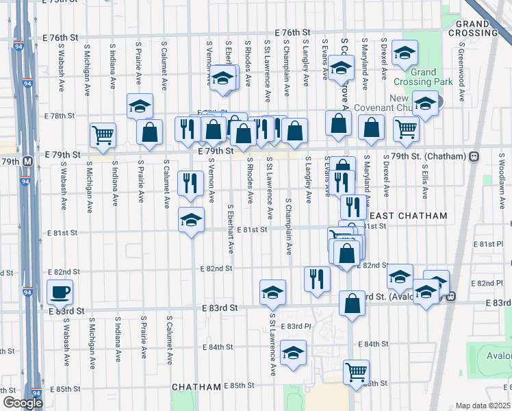 map of restaurants, bars, coffee shops, grocery stores, and more near 8046 South Saint Lawrence Avenue in Chicago