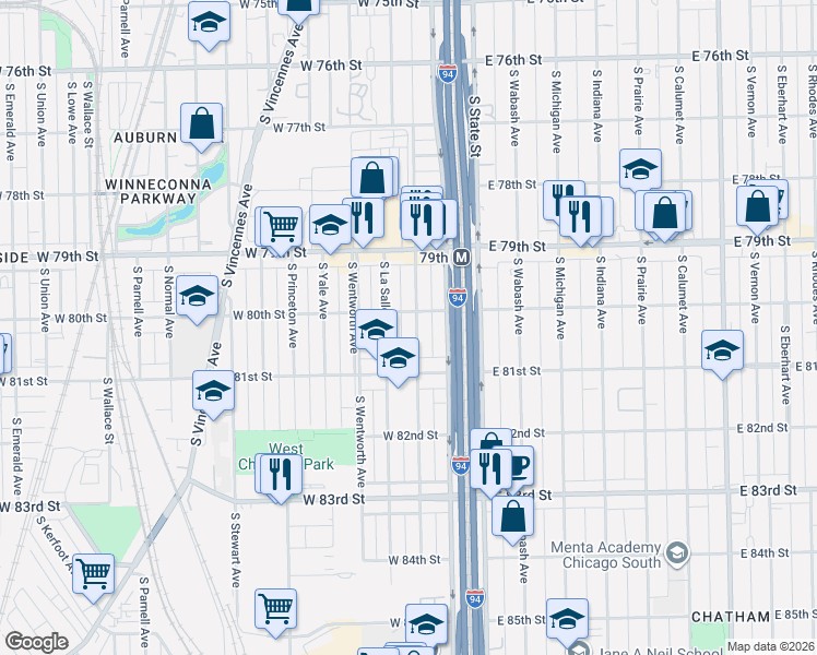 map of restaurants, bars, coffee shops, grocery stores, and more near 8034 South Perry Avenue in Chicago