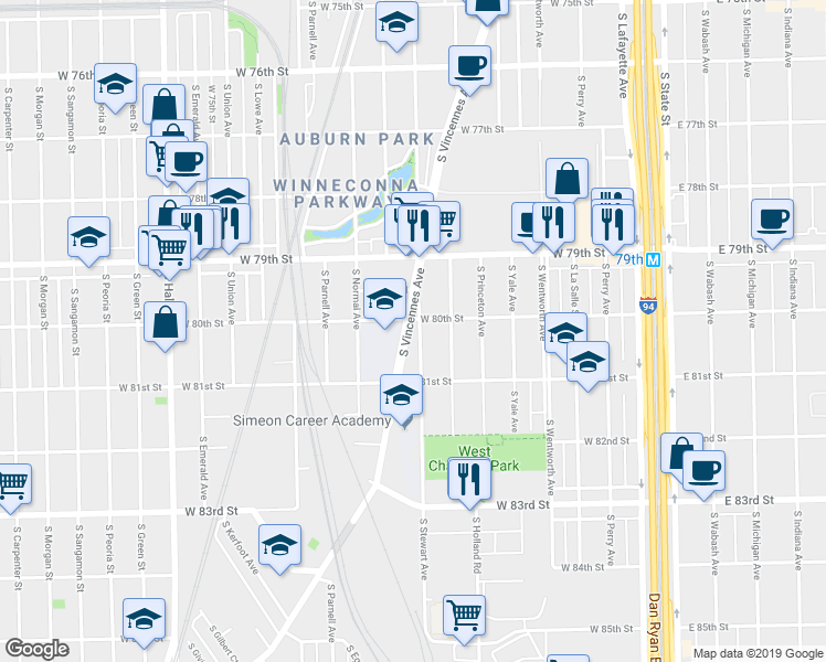 map of restaurants, bars, coffee shops, grocery stores, and more near 8033 South Vincennes Avenue in Chicago