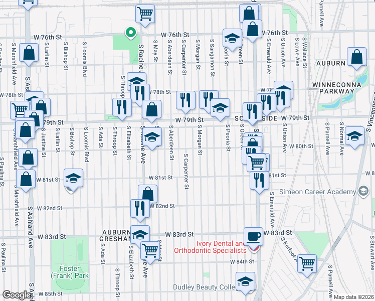 map of restaurants, bars, coffee shops, grocery stores, and more near 8021 South Carpenter Street in Chicago
