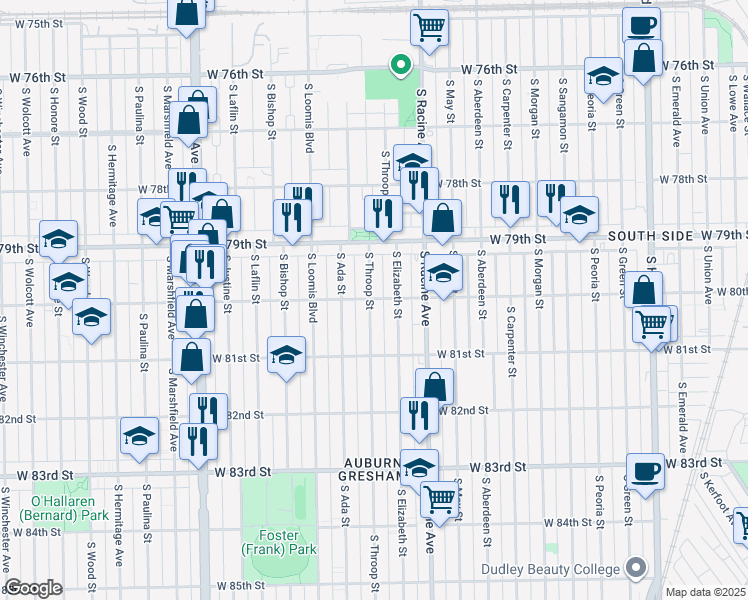 map of restaurants, bars, coffee shops, grocery stores, and more near 8020 South Elizabeth Street in Chicago