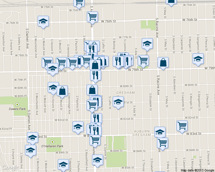 map of restaurants, bars, coffee shops, grocery stores, and more near 8018 South Laflin Street in Chicago