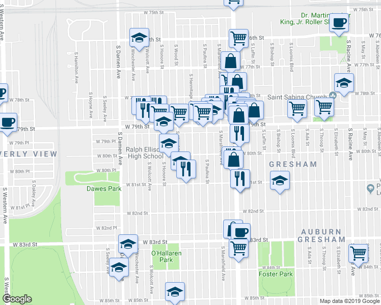 map of restaurants, bars, coffee shops, grocery stores, and more near 8016 South Hermitage Avenue in Chicago