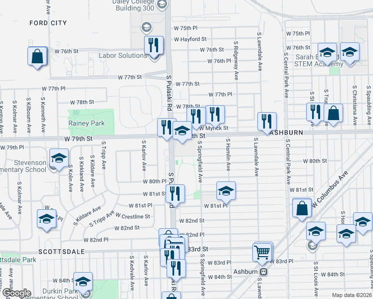 map of restaurants, bars, coffee shops, grocery stores, and more near 7986-7998 S Springfield Ave in Chicago