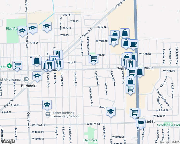 map of restaurants, bars, coffee shops, grocery stores, and more near 5124 79th Place in Burbank