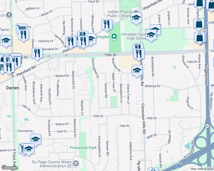 map of restaurants, bars, coffee shops, grocery stores, and more near 7725 Sawyer Road in Darien