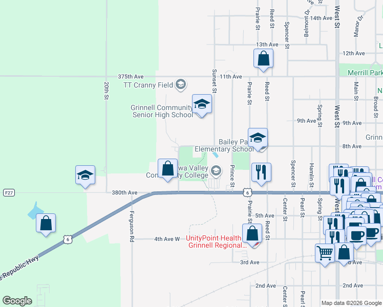map of restaurants, bars, coffee shops, grocery stores, and more near 98 8th Avenue in Grinnell