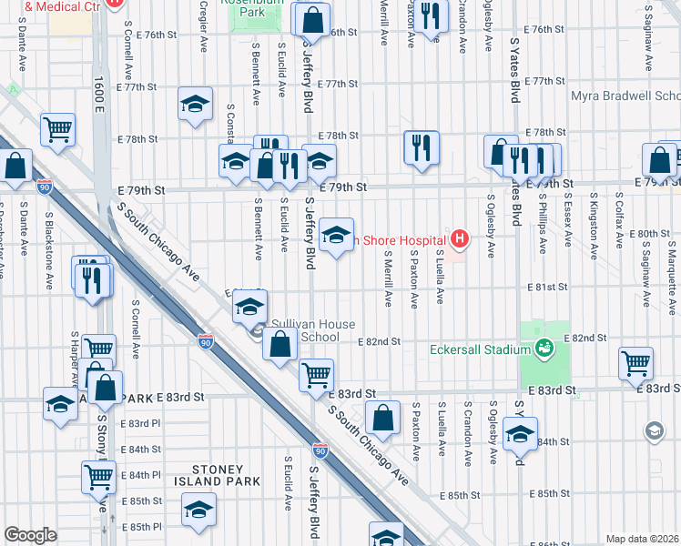 map of restaurants, bars, coffee shops, grocery stores, and more near 8041 South Chappel Avenue in Chicago