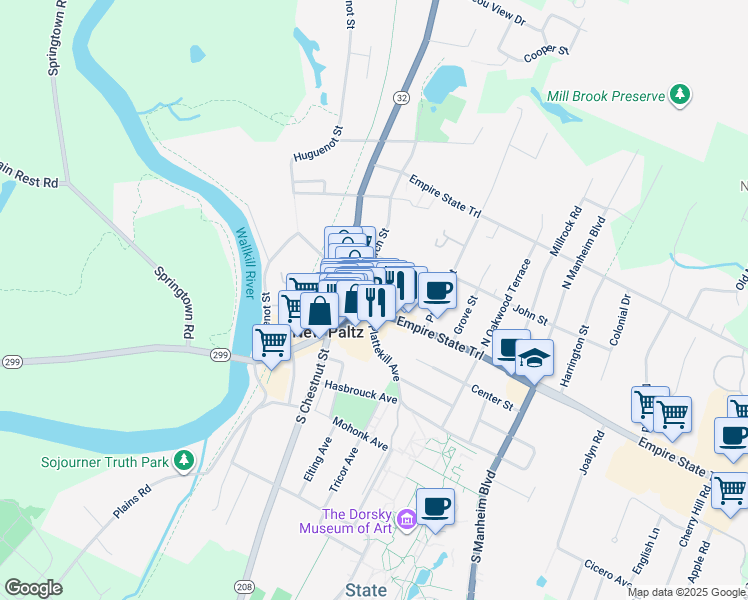 map of restaurants, bars, coffee shops, grocery stores, and more near 93 Main Street in New Paltz