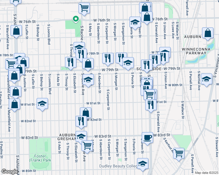 map of restaurants, bars, coffee shops, grocery stores, and more near 8001 South Carpenter Street in Chicago