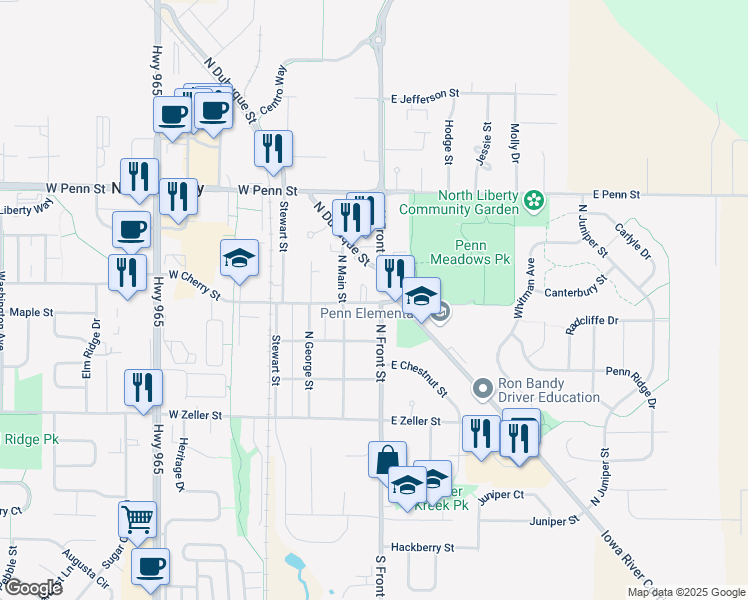 map of restaurants, bars, coffee shops, grocery stores, and more near 10 West Cherry Street in North Liberty