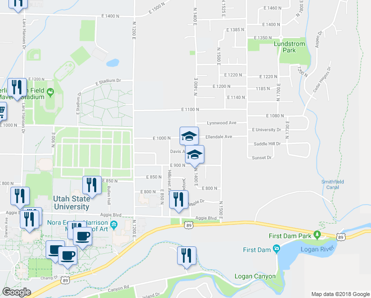 map of restaurants, bars, coffee shops, grocery stores, and more near 1393 Davis Avenue in Logan