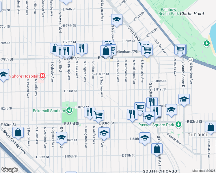 map of restaurants, bars, coffee shops, grocery stores, and more near 8046 South Marquette Avenue in Chicago